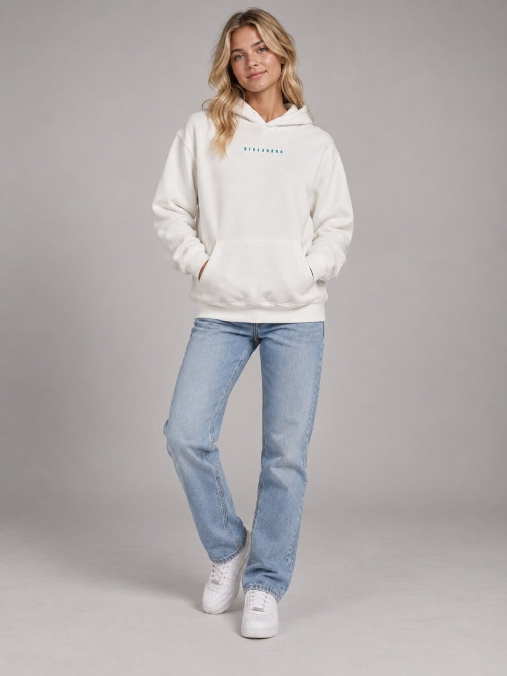 2/$30 Billabong White Pullover Hoodie with Teal Logo Large